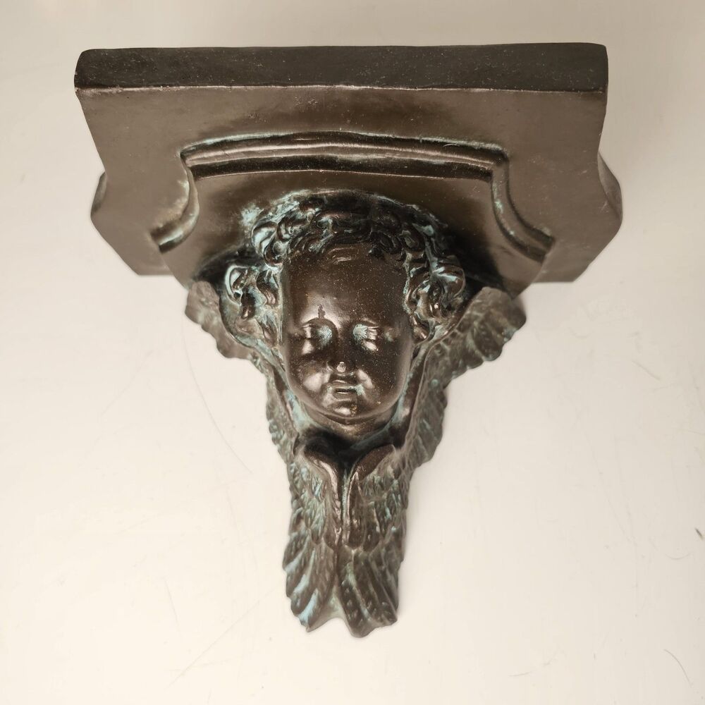 Vintage Cherub Angel Wall Sconce Shelf Heavy Faux Patina Old America 1980s Decor